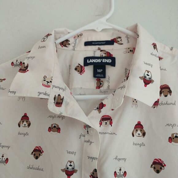 Lands End Shirt Blouse Womens 16P White Christmas Dog Supima Cotton Novelty - Picture 3 of 8